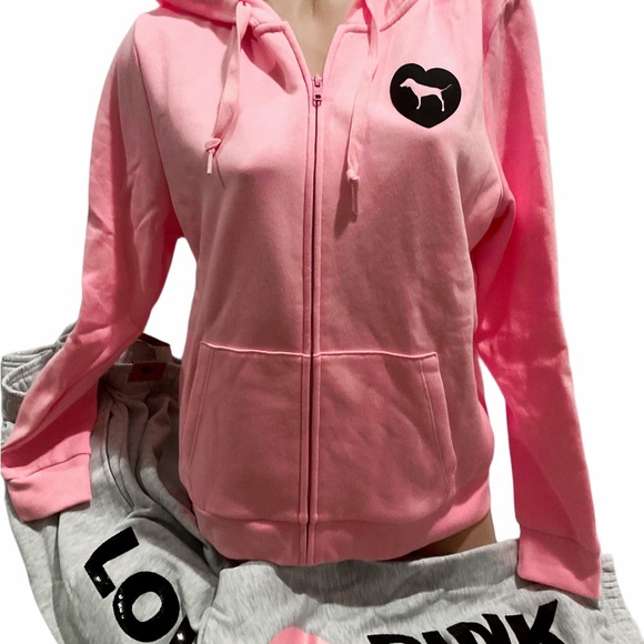 NEW VICTORIAS SECRET PINK “ORIGINALS” 2PC RARE SET ZIP HOODIE & JOGGERS 🔥 - Picture 2 of 8